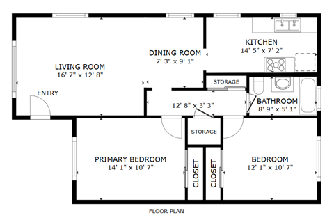 Floor plan for 2 beds, 1 bath